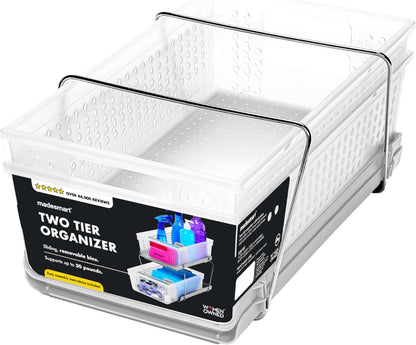 madesmart 2 Tier Bath Organizer, Undersink Storage with Sliding Drawers, for Cleaning Supplies, Pantry, Sponges, Bottles & Kitchen Essentials, Adjustable Dividers & Pull Out Sliding Baskets, Frost