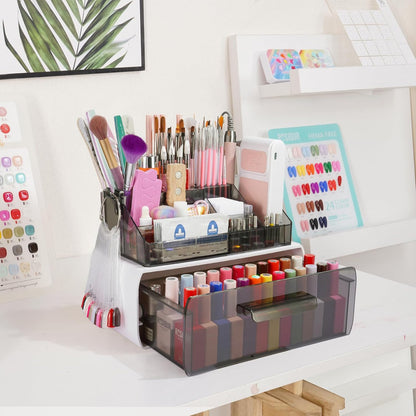 Wilfniee Nail Tech Desk Organizer Case: 2 Layers Nail Tech Organizers with Nail Polish Storage Drawer- 53 Holes Nail Drill Bits & Nail Brushes Pens Holder for Manicure Nail Supplies (Clear)