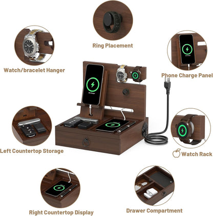 Wood Phone Docking Station with USB Ports and Outlets, Nightstand Organizer with Charging Station, Bedside Organizer with Drawer for Watch & Accessories, Christmas Anniversary Birthday Gifts for Men