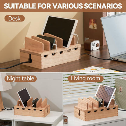 KIRIGEN Wood Charging Station Rack Organizer for Multiple Devices Desktop Organizer with 5 Ports for Cell Phones, Tablets, Earphones Wooden Cable Management DDXH-NA