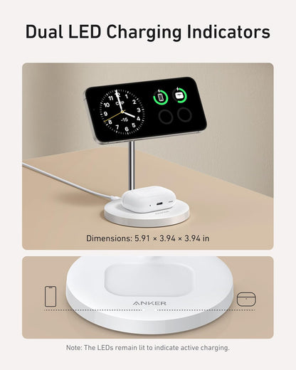 Anker MagSafe Compatible MagGo Charger Stand, iPhone 17 Wireless Charger, 2-in-1 Charging Station, Qi2 Certified 15W Fast Charging, for iPhone 17/16/15/14/13/12, AirPods Pro (Black, No Adapter)