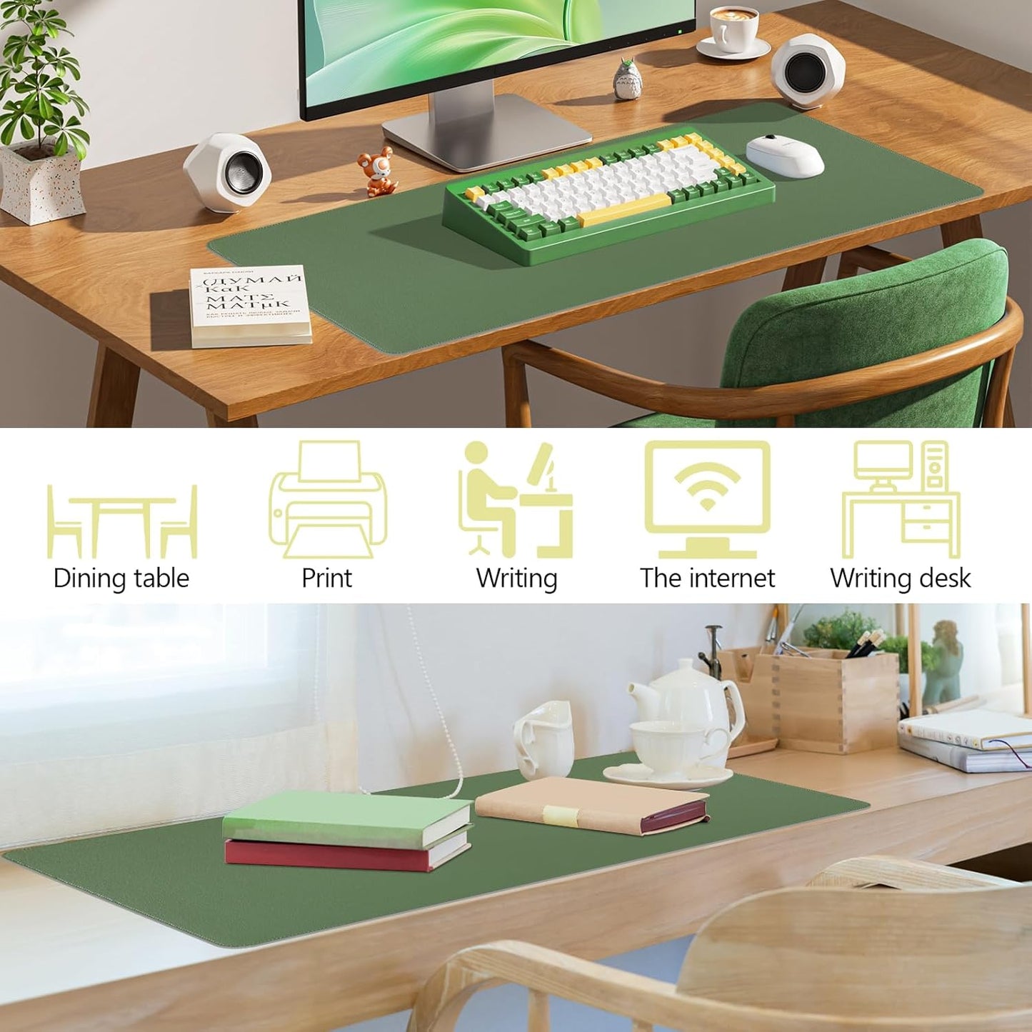 Green Desk Pad and Keyboard Wrist Rest, 3in1 Mousepad + Keyboard Wrist Rest+Mouse Wrist Rest for Home Office Table Computer Cover. (31.5×15.7,Green)