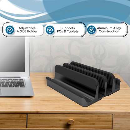 Elestoria 5- Slot Vertical Laptop Stand - Aluminum Laptop Stand Vertical for Desk - Fits MacBook Pro/Air, Surface, Mobiles & Gaming Laptops up to 17.3" - Heavy Duty Laptop Holder for Desk - (Black)