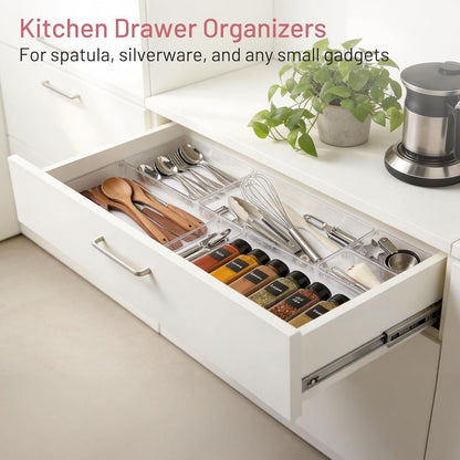 8 Pack Large Clear Plastic Drawer Organizer Bins - Acrylic Bathroom Drawer Organizer Trays - Heavy Duty Kitchen Drawer Dividers for Utensils - Non-Slip Storage Bins for Makeup, Bedroom, Office Desk