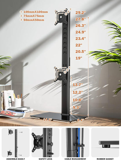 Dual Monitor Stand - Vertical Stack Screen Free-Standing Monitor Riser Fits Two 13 to 34 Inch Screen with Swivel, Tilt, Height Adjustable, Holds One (1) Screen up to 44Lbs HT05W-002 White