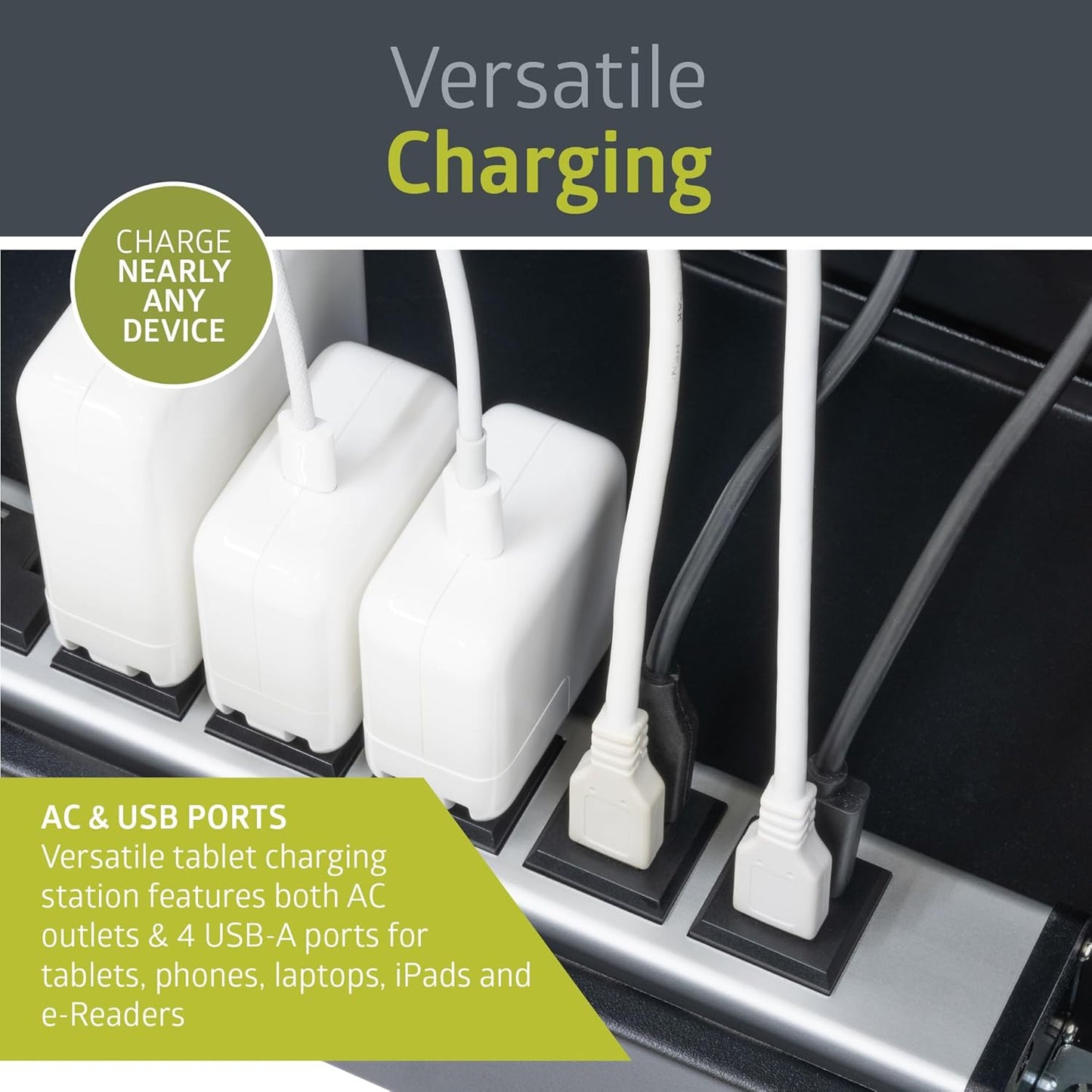 Pearington 10-Device USB Laptop Charging Station for Classroom, Home, or Office, Includes 6 AC Outlets & 4 USB Ports, Store Laptops, Tablets & E-Readers up to 1.4" Thick, 17" x 13" x 16"