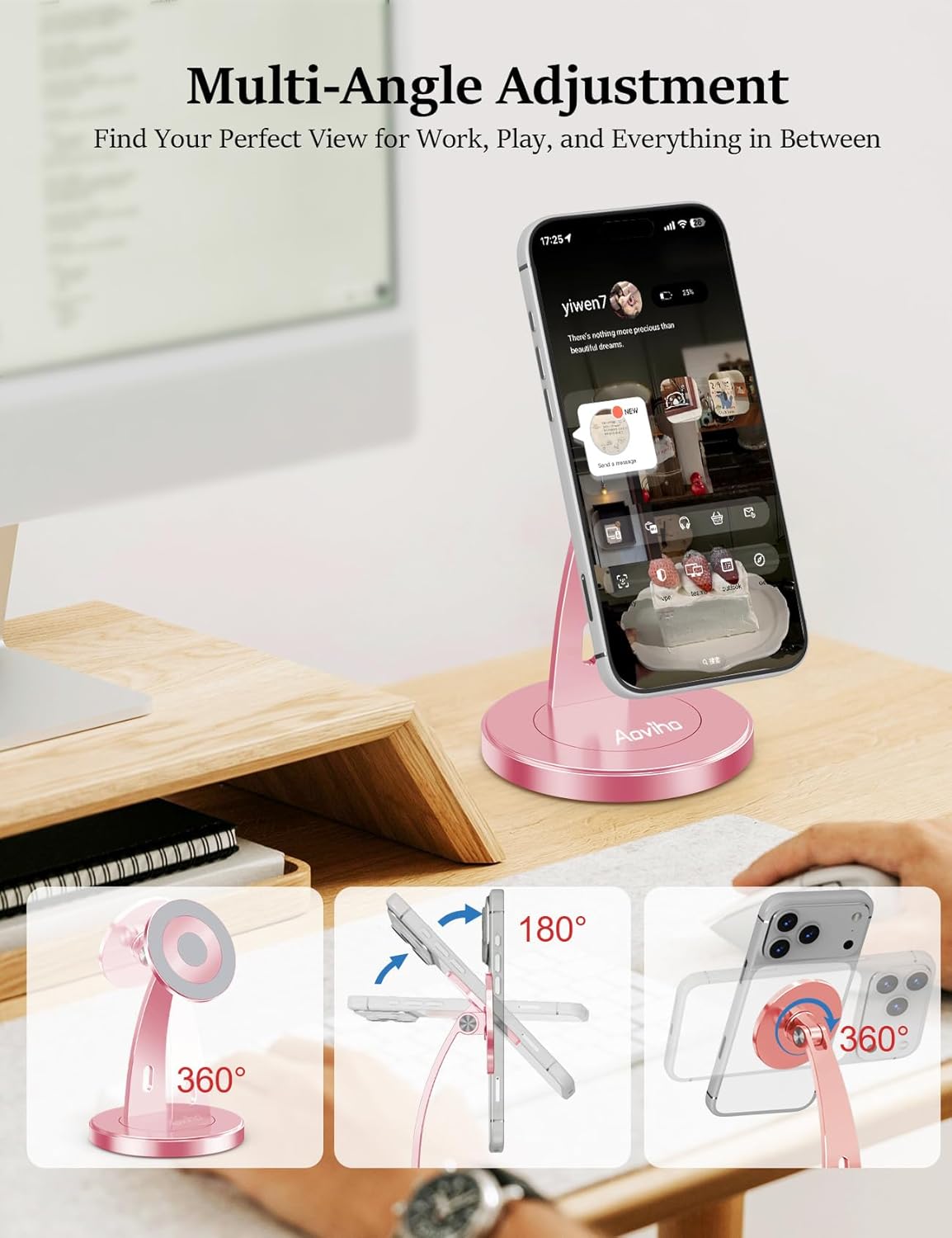 Aoviho Magnetic Phone Stand for Desk – 360° Rotating Aluminum Phone Holder, Stable Desk Stand for Office, Home & Kitchen, Compatible with iPhone 17 Pro Max 16–12 Series and MagSafe Cases, Purple