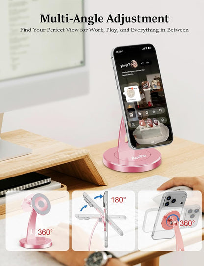 Aoviho Magnetic Phone Stand for Desk – 360° Rotating Aluminum Phone Holder, Stable Desk Stand for Office, Home & Kitchen, Compatible with iPhone 17 Pro Max 16–12 Series and MagSafe Cases, Purple