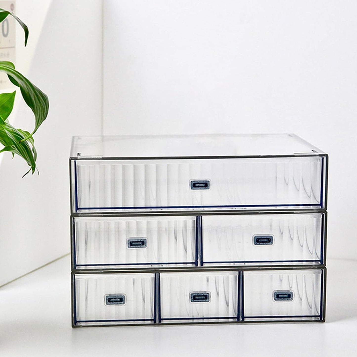 Desk Drawer Organizer, Stackable Plastic Storage Drawer, Grocery Organizer For Stationery/Office Supplies (Blue, 3 Compartment)