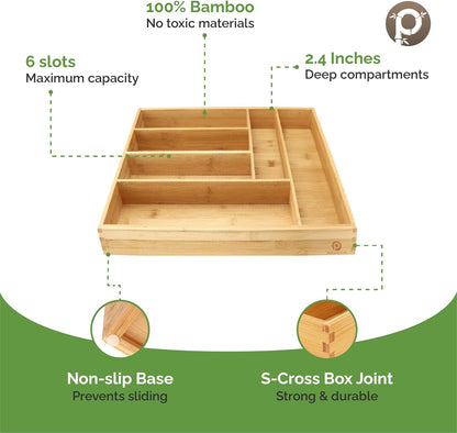 Pristine Bamboo Expandable Drawer Organizers for Kitchen - Extra Deep Non-Slip 17” x 14.6” (expands up to 25 inches) - Dark Wooden Silverware Divider (10 Compartments) – Organize Cooking Utensils