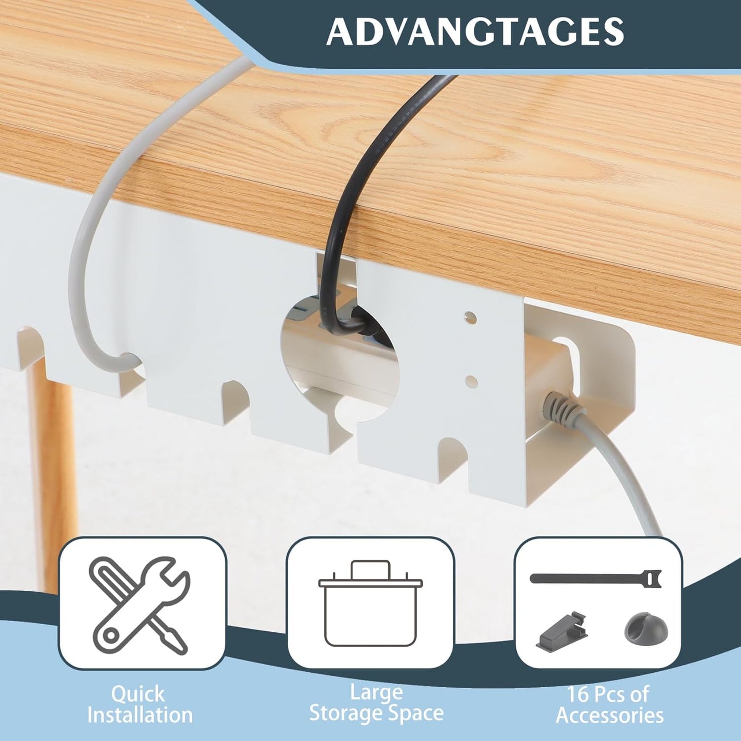 Under Desk Cable Management Tray 2 Pack White, Cable Management Under Table, Cord Organizer Tray for Wire Management, Home & Office Standing Desk Cord Organizer