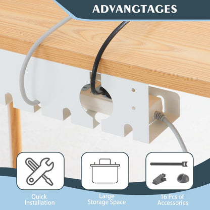 Under Desk Cable Management Tray 2 Pack White, Cable Management Under Table, Cord Organizer Tray for Wire Management, Home & Office Standing Desk Cord Organizer