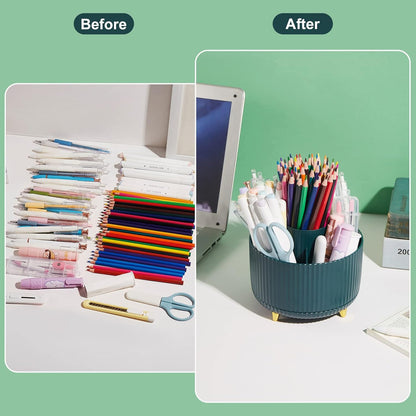 Desk Pencil Pen Holder, 5 Slots 360 Degree Rotating Pencil Pen Organizers for Desk Desktop Storage Stationery Supplies Organizer Cute Pen Cup for Office School Home Art Supply Cream Yellow