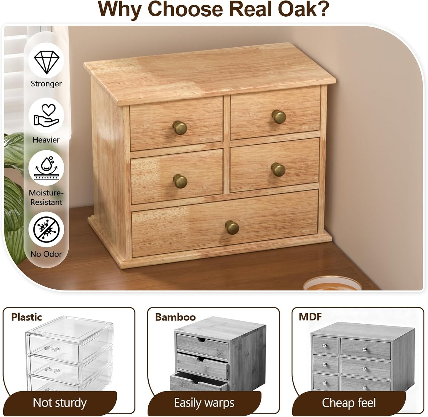 Oak Desk Organizer with Drawers, Durable Wooden Desktop Storage Box with Metal Handles & Non-Slip Silicone Pads, 4 Drawer Tabletop Organizer for Office, Bedroom, Bathroom, Vanity, and Makeup – Walnut
