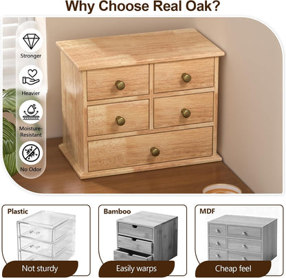 Oak Desk Organizer with Drawers, Durable Wooden Desktop Storage Box with Metal Handles & Non-Slip Silicone Pads, 4 Drawer Tabletop Organizer for Office, Bedroom, Bathroom, Vanity, and Makeup – Walnut