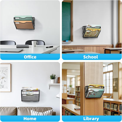Marbrasse Wall File Holder 2-Tier Hanging Wall File Organizer, Mesh Mail Holder for Papers, Wall Mount File Clipboard & Magazine Organizer Great for Office Home (Black)