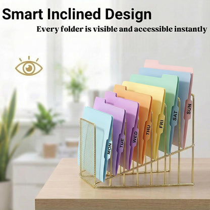 Simmer Stone Rose Gold Desk Organizer 7 Slot Inclined Vertical File Folder Holder Sorter with Mesh Front – Metal Wire Rack for Mail, Slim Binders, Books Office Organization & Desktop Accessories