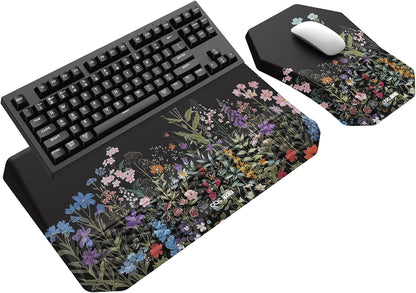 3-in-1 Ergonomic Keyboard Stand with Wrist Rest & Mouse Pad Set, Comfy Keyboard Riser Holder Soft Mousepad with Massage Design, Memory Foam and Non-Slip PU Base for Pain Relief, Black