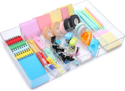 Expandable Drawer Organizer Tray with Adjustable Dividers, Clear PET Storage Box for Office Supplies, Makeup, Jewelry & Vanity, 10 Compartments, 1-Piece Set (10.6" x 15.7", Height 2.3")