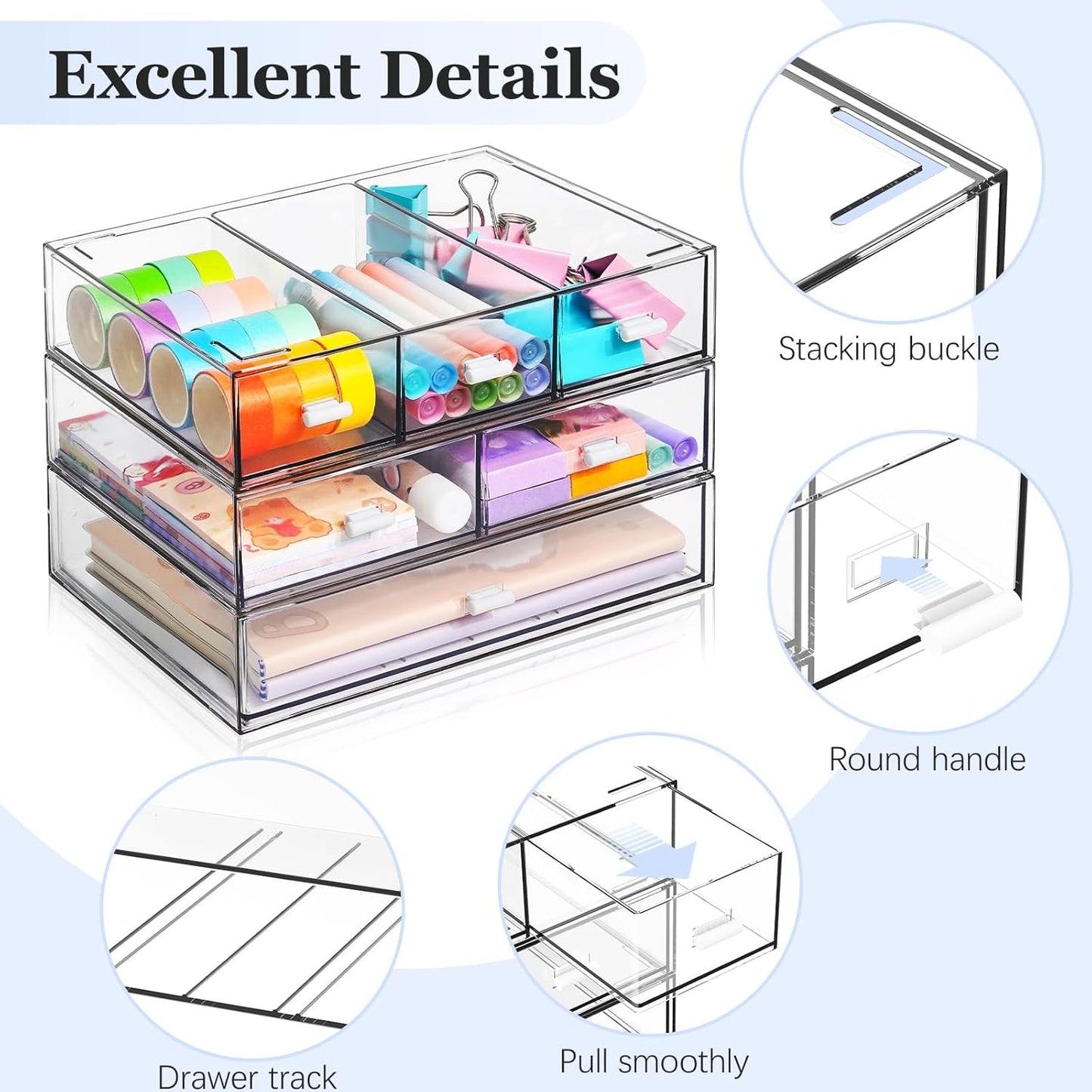 3 Tier Stackable Desk Organizer with 6 Drawers, YOCOMEY Plastic Desktop Storage Box Drawers, Detachable Makeup Storage Office Stationery Supplies Organizer for Office School(Clear)