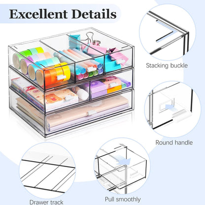 3 Tier Stackable Desk Organizer with 6 Drawers, YOCOMEY Plastic Desktop Storage Box Drawers, Detachable Makeup Storage Office Stationery Supplies Organizer for Office School(Clear)