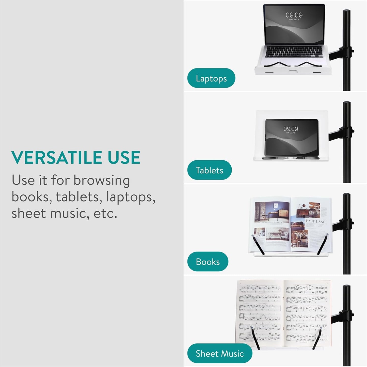 Navaris Book Stands with Clamp - Book Holder for Reading - Wood Books Stand - Works with Music, E-Readers or Tablets - 34 x 45 x 55 cm (13.39 x 17.72 x 21.65)