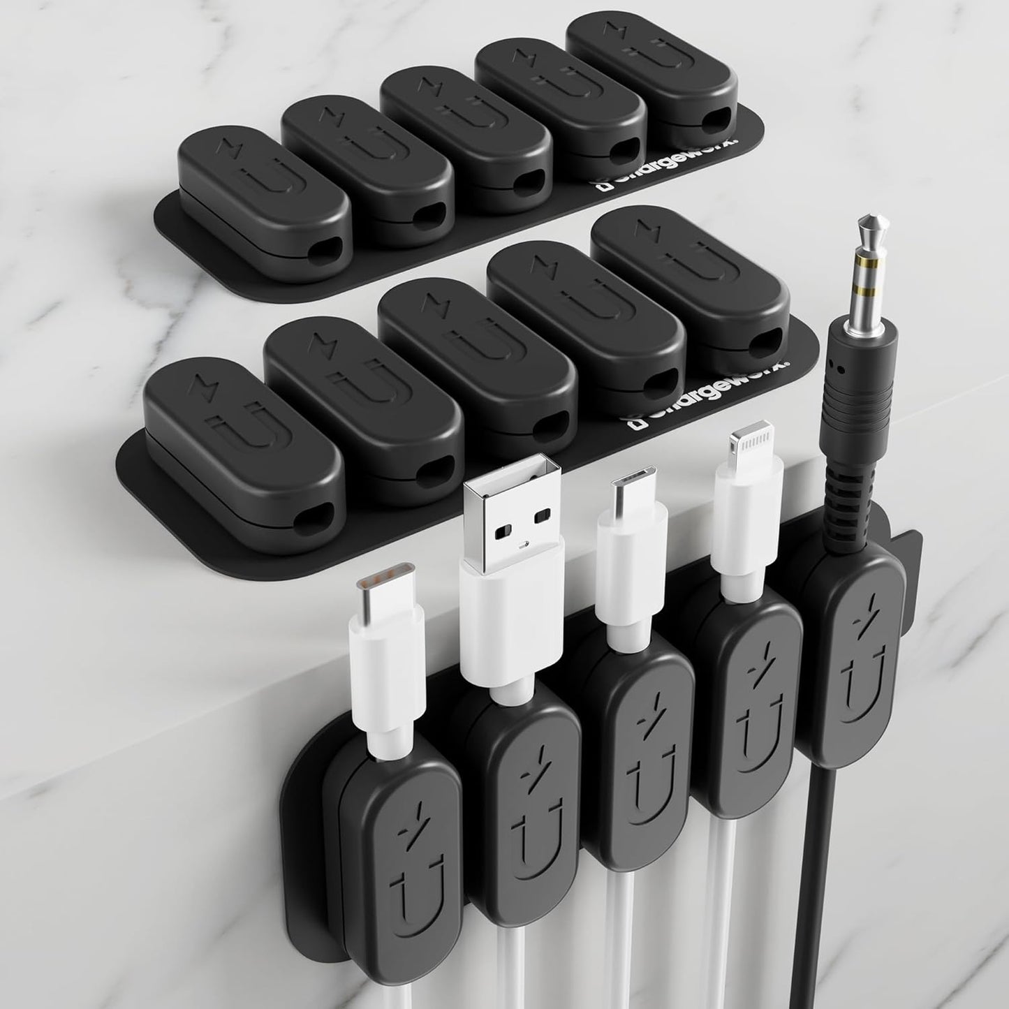 CHARGEWORX Pack of 5 Magnetic Cable Clips, Adhesive Cord Organizer for Desk, Nightstand, Wall or Car, Wire Holder for USB-C, Lightning and Micro-USB Cables