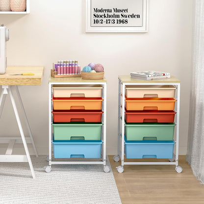 SYKIARIOL Utility Cart with 5 Drawers,Storage Cart with Wooden Tabletop and Lockable Wheels,Craft Storage Trolley Organizer,5-Tier Rolling Utility on Wheels,Light Green