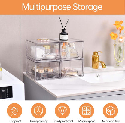 Stebopum 6 Pack Stackable Makeup Organizer, 4.4'' Tall Acrylic Bathroom Makeup Organizer and Storage Drawer with Pull-out Handle, Clear Plastic Storage Bins for Vanity,Pantry,Desk,Undersink,Kitchen