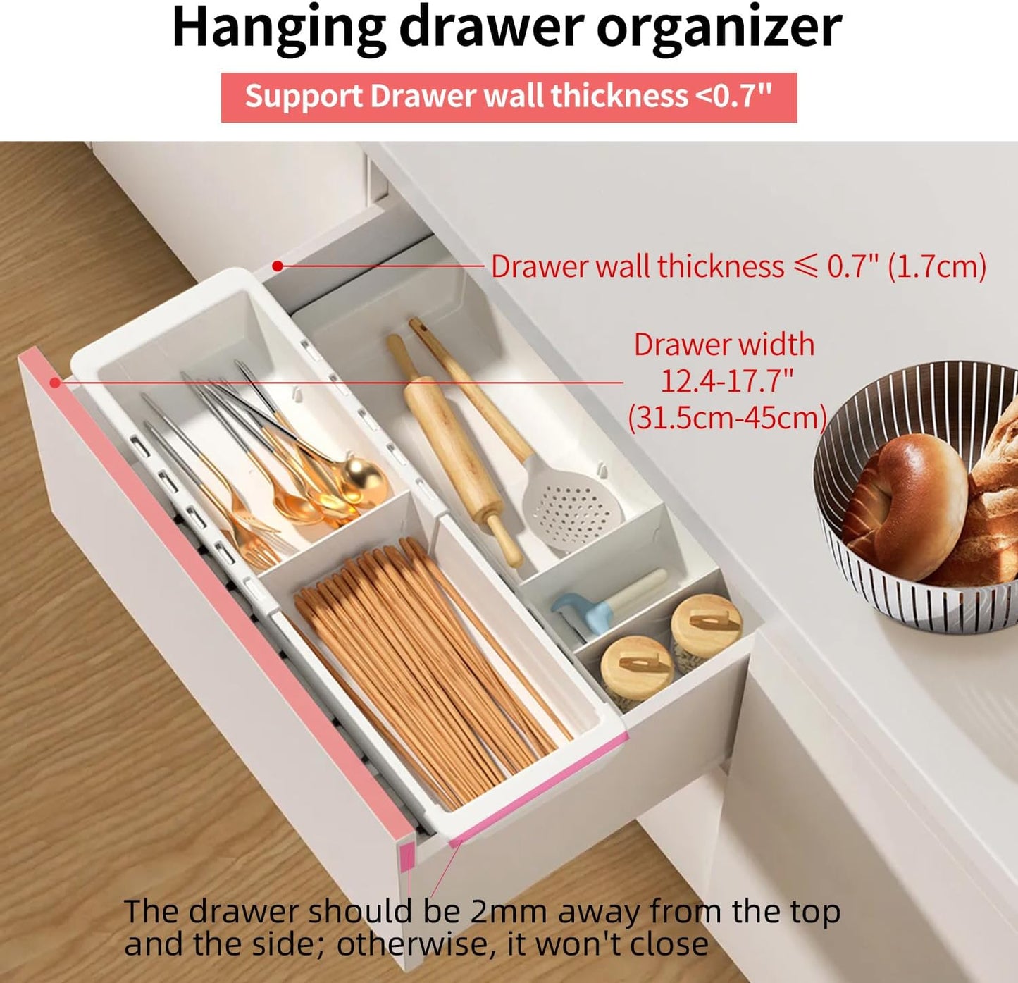 Plastic Drawers Organizer for Office Bathroom Bedroom Kitchen Desk - 1 Layers More White Storage Tray - Expandable 11.4-18.1 Inches (SHALLOW 1")