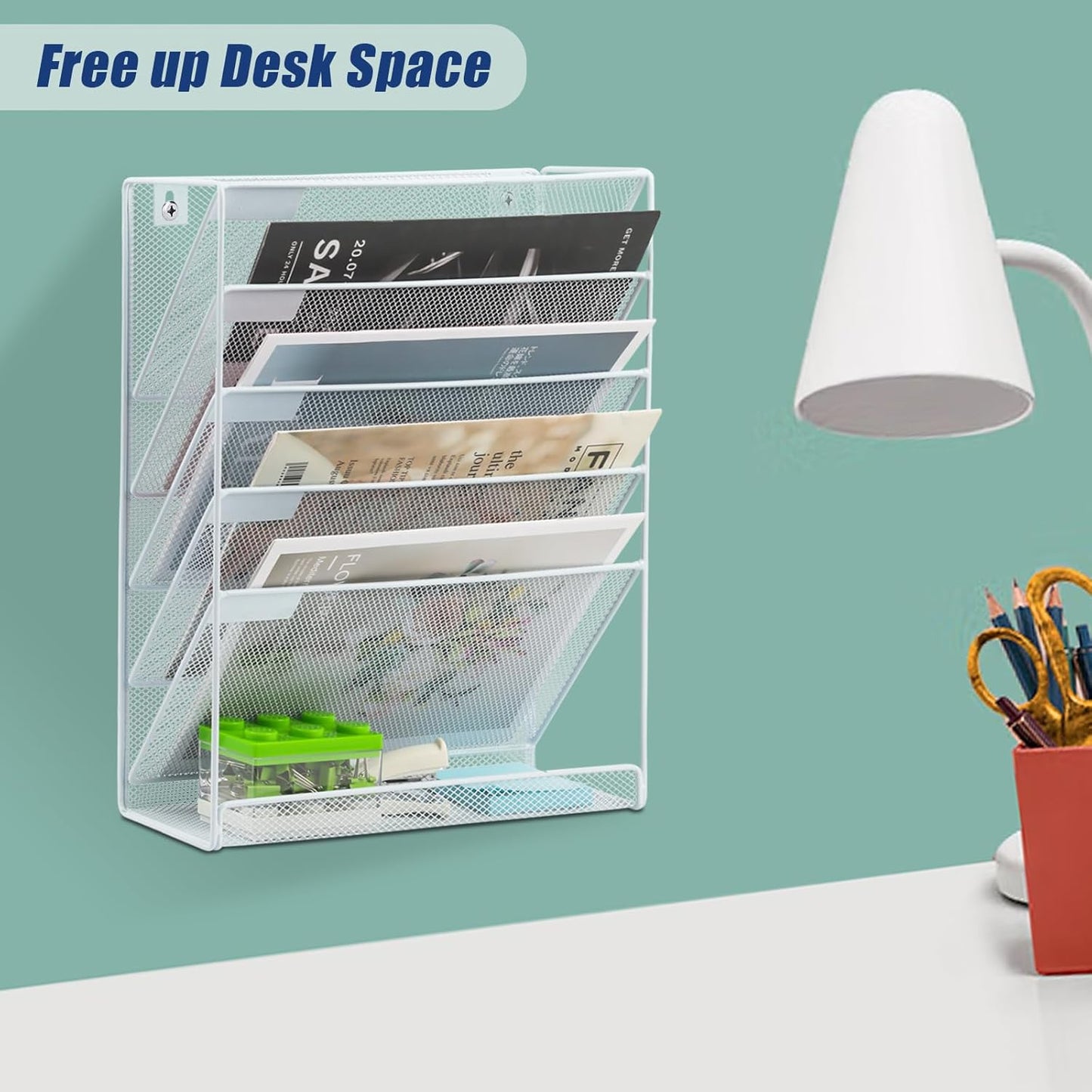 EASEPRES Desk File Organizer Mesh 6-Tier, Hanging Wall Mount Document Organization Stand, Desktop Vertical Mail Paper Folder Holder Rack with Bottom Tray for Office Home Cubicle Countertop, Black