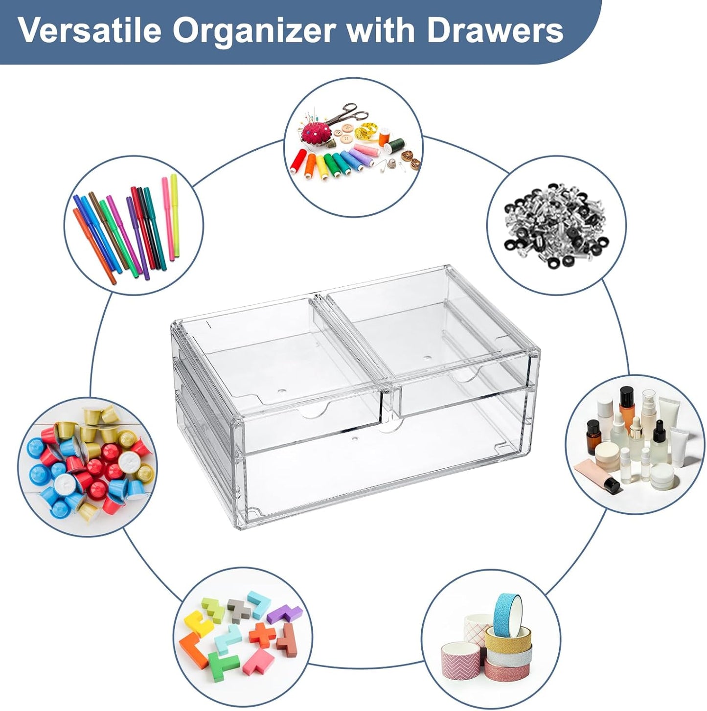 BTSKY Clear Acrylic Drawer Organizer, Stackable Container with 2 Narrow + 1 Large Drawers, Desk Organizer for Stationery Study Essentials Makeup Jewelry, Multipurpose Storage Box for Office and Home