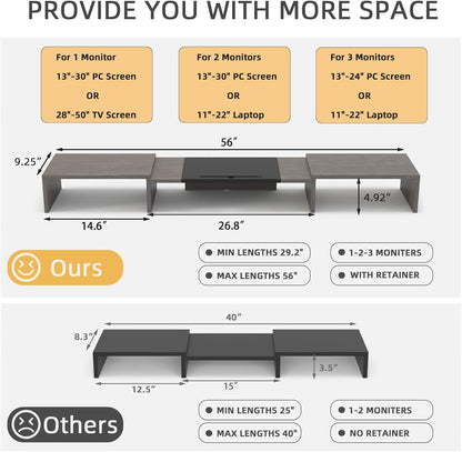 WESTREE Triple Dual Monitor Stand Riser, Extra Long Monitor Stand for 1~2~3 Monitors, Monitor Stand with Length and Angle Adjustable, 3 Shelf Desktop Storage Riser for Monitor Computer Screen Laptop