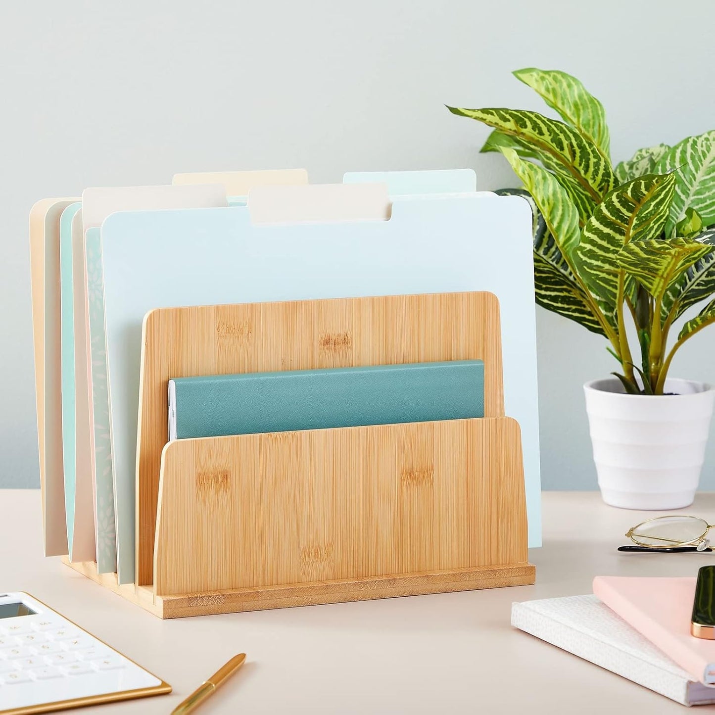Bamboo Wooden Mail Holder, File Sorter for Letter and Folder Document Storage, Envelope Organizer with 5 Slots for Office Desk, Countertop, Home Organization (10x7 in)