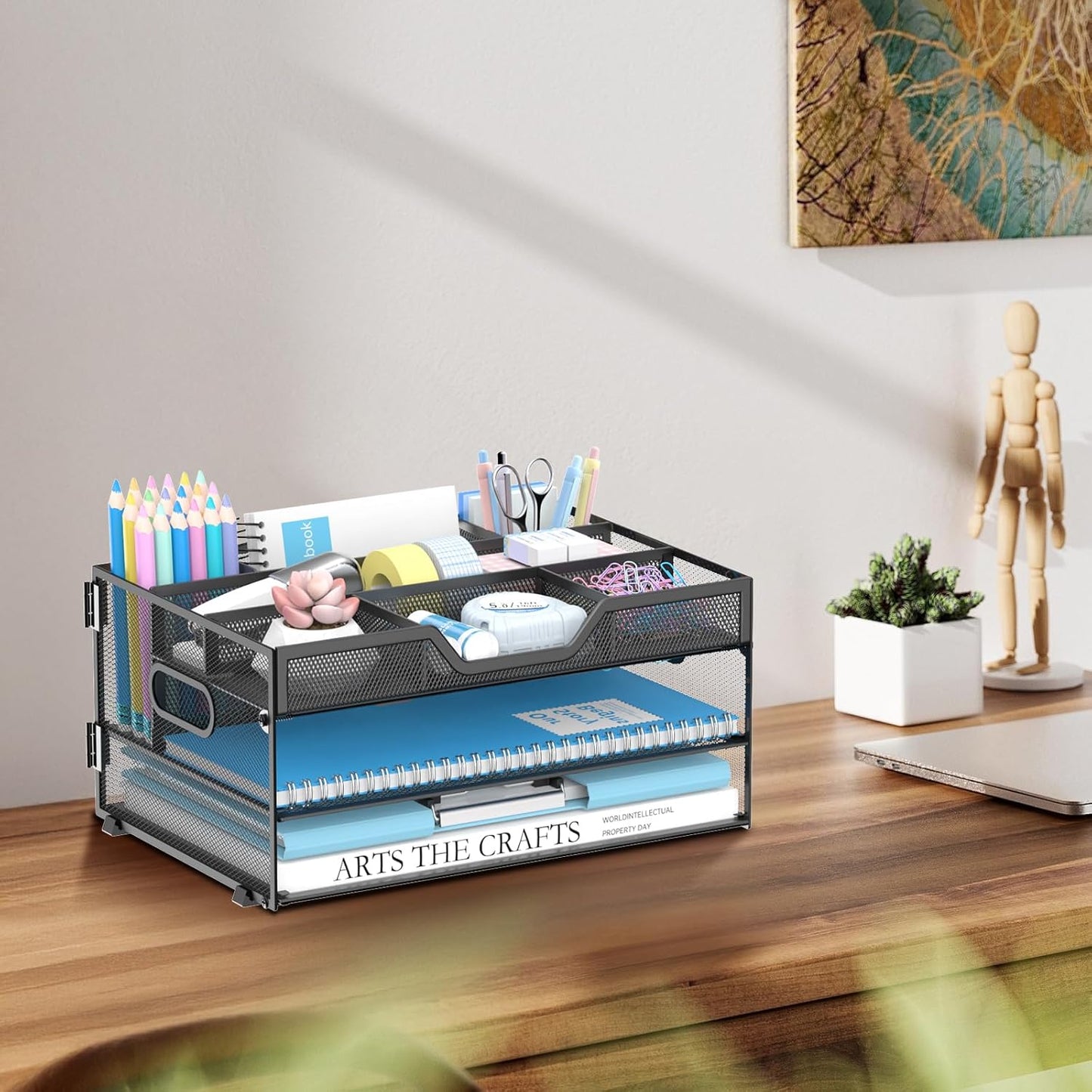 DALTACK 3 Tier Paper Organizer with Handle, Mesh Metal Desk Organizer with Sliding Paper Trays for Letter/A4 Paper, Mail, Bills & Folders, Black