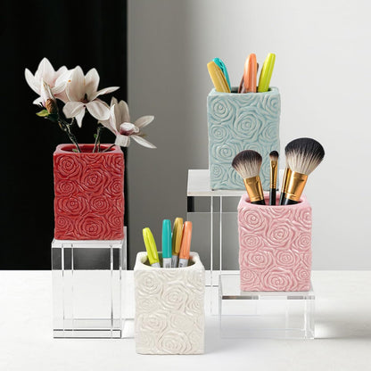 Ceramic Cactus Pen Holder, Cactus Decor Cute Pencil Holder, Makeup Brush Holder for Home, Office Desk Accessories(Dark Green)