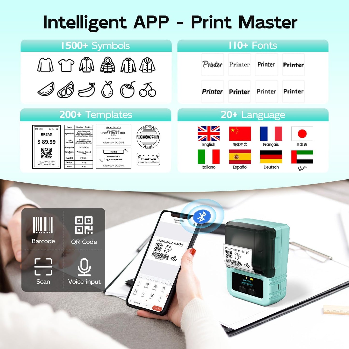 Phomemo M120 Bluetooth Label Maker - Portable Thermal Barcode Printer with App, 2" Wide Labels, Wireless Sticker Printer for Small Business,Home Office,QR Codes,Address Labels - iOS/Android Compatible