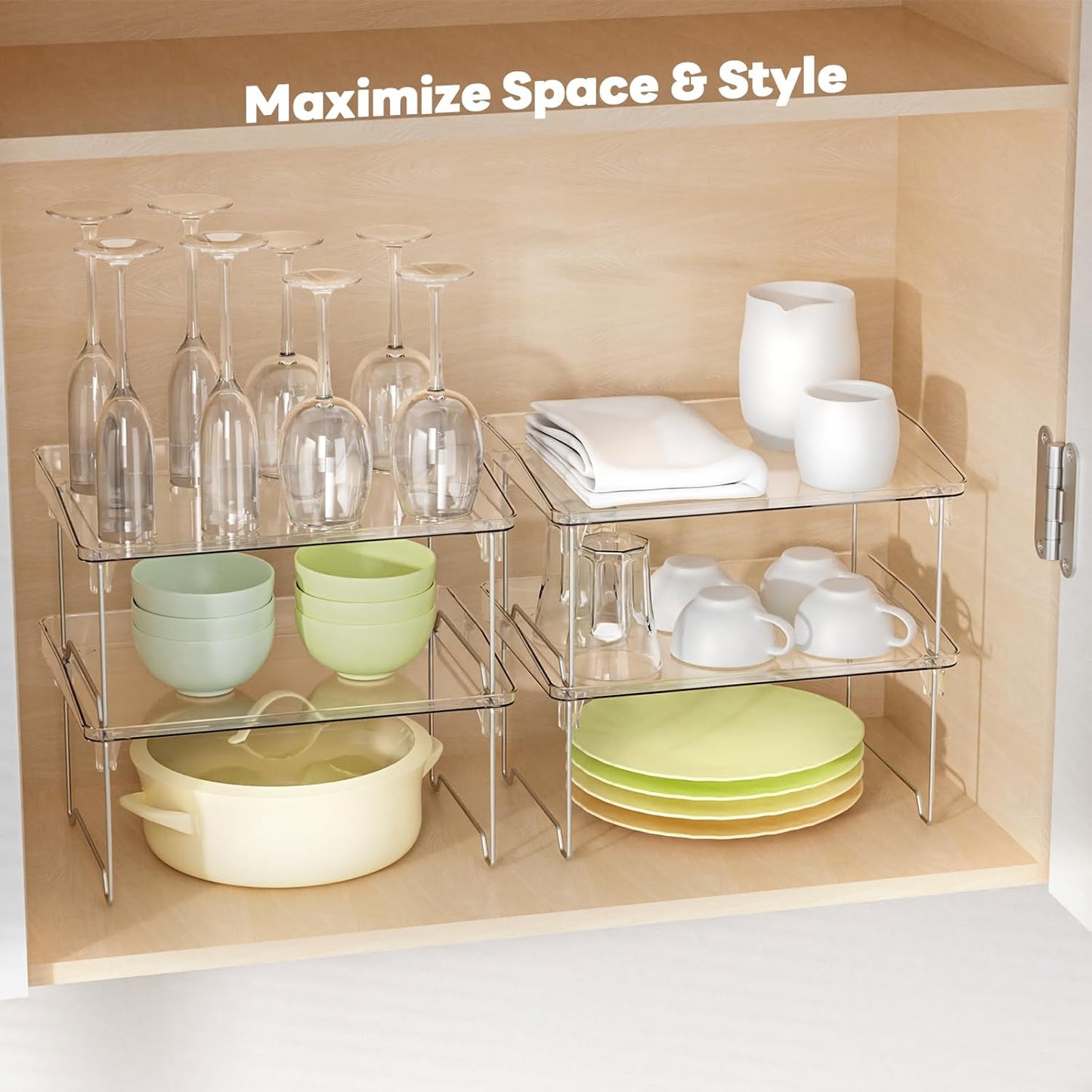 STARLATTA 2 Pcs Cabinet Organizer Shelf, Stackable Kitchen Counter Shelves, Spice Rack,Countertop Organizers, Clear Plastic Storage Shelves Rack for Makeup,Bathroom,Cupboard,Desk,Pantry Organization