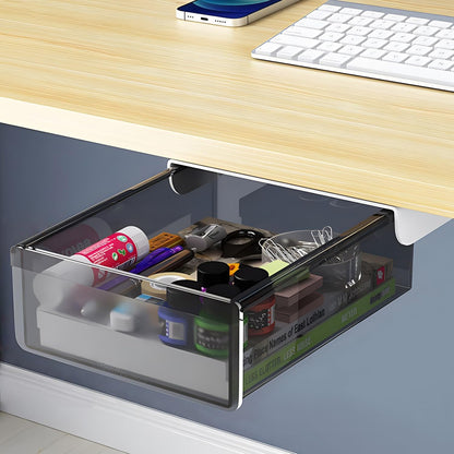 SVNNELP Large Under Desk Table Drawer Storage Organizer A4, Hidden Self-Adhesive Under Desk Pencil Tray Drawer for Office (Clear Black/L)