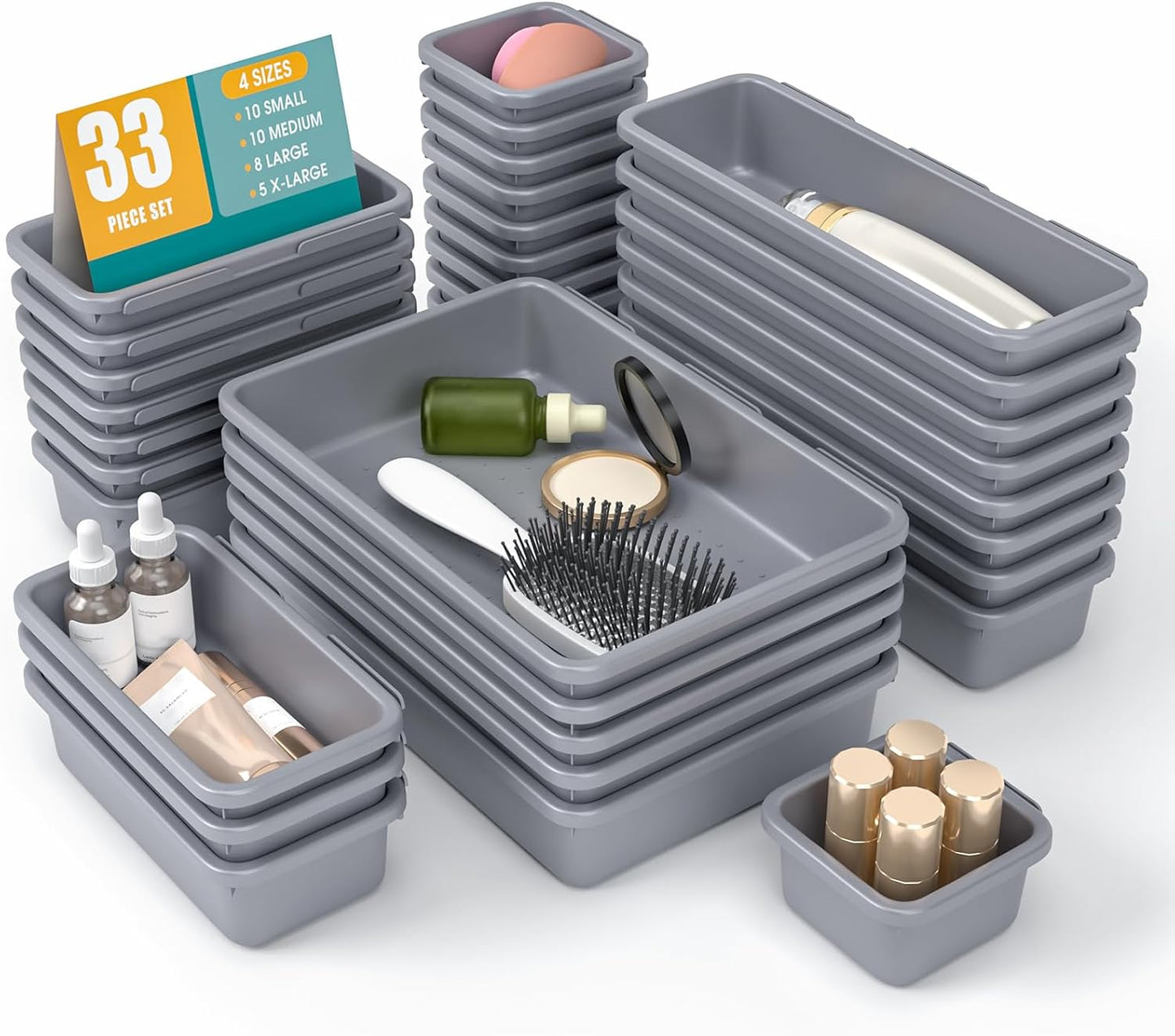 StoreHappily 10 PCS Drawer Organizer Set, 4 Size Makeup Drawer Divider Organizer With Non-Slip Pads, Interlocking Plastic Storage Bins for Office,Jewelry Vanity,Gadgets, Bathroom,Kitchen, Black