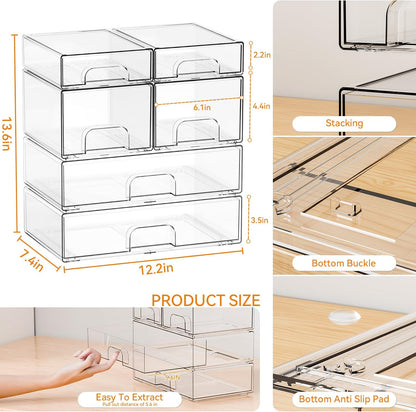 Yieach Clear Stackable Storage Drawers - Set of 6 - Acrylic Drawers,Bathroom Organizer Bin and Plastic Makeup Organizer,Clear Stacking Brightroom Storage Boxes for Vanity,Cabinet,Pantry Organization