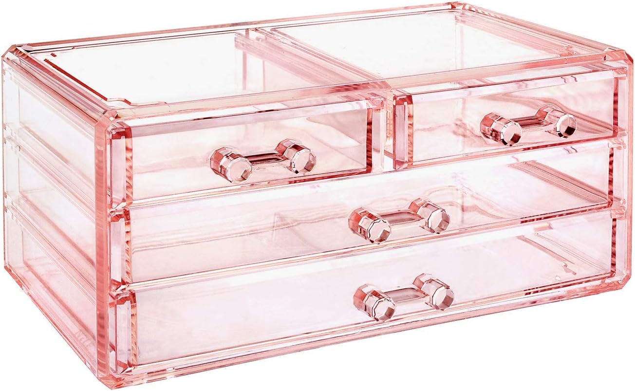 Ikee Design Acrylic Makeup Organizer with 4 Drawers and Removable Top Lipstick Holders, Ideal for Make-up or Accessories,Enhance Your Vanity or Bathroom with Clear Design for Quick Visibility