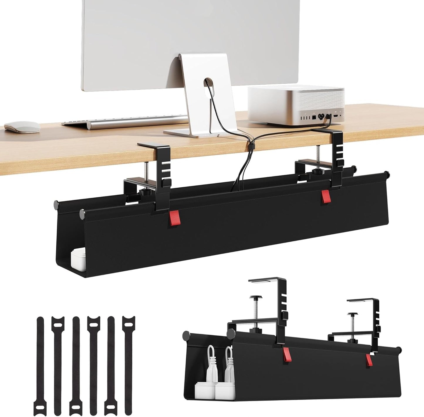 Litwaro Under Desk Cable Management Tray No Drill, 36" Cord Organizer with Clamp for Standing Desk, Premium Fabric Cable Tray with Wire Management for Office Home, Black