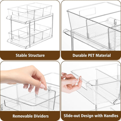 Fabspace Pull-out Home Organizer, 2 Pack 2 Tier Clear Bathroom Organizer with Dividers, Multipurpose Vanity Counter Tray, Kitchen, Closet Organizers, Cabinet & Storage Container Bins