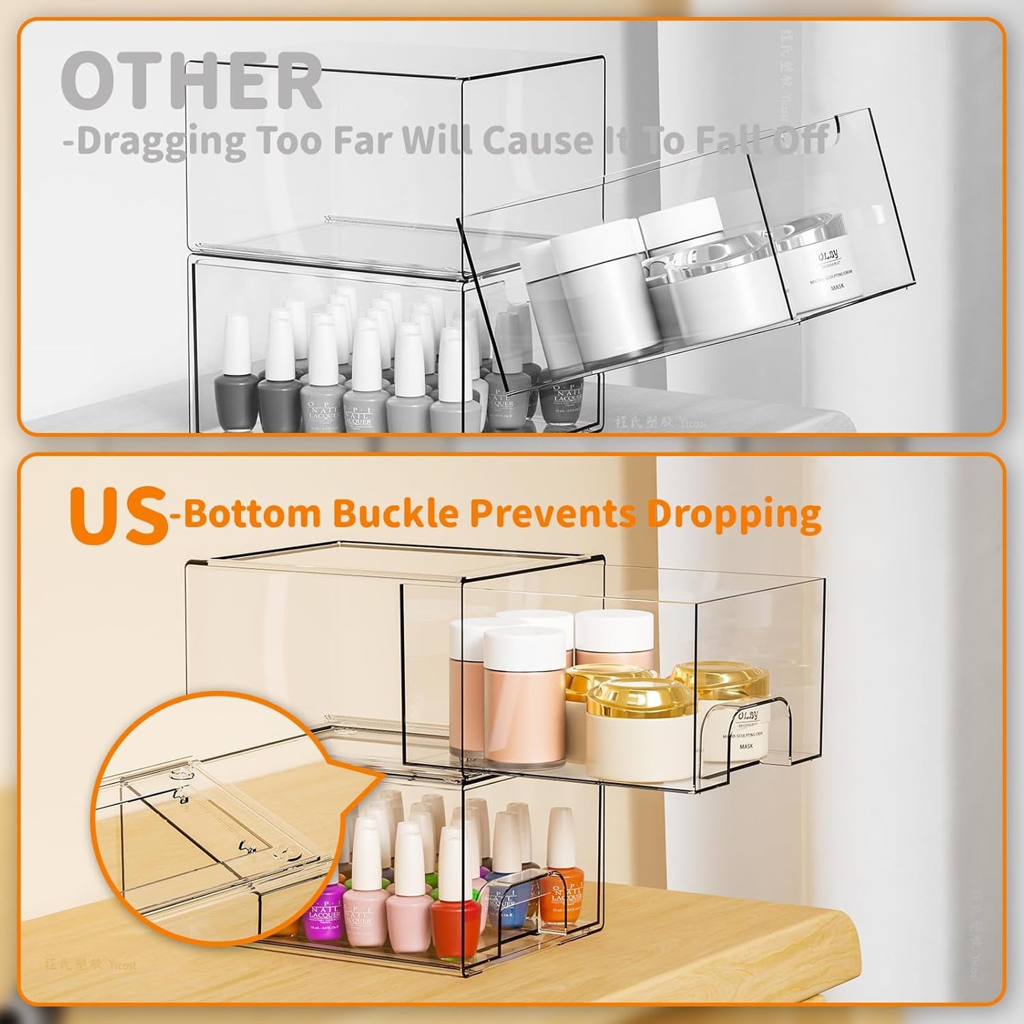 Yieach 4 Pack Clear Stackable Storage Drawers,4.4'' Tall Acrylic Drawer Containers for Organizing,Bathroom Organizers and Storage Bin Box,Plastic Makeup,Medicine Organizer Bins for Cabinet,Undersink