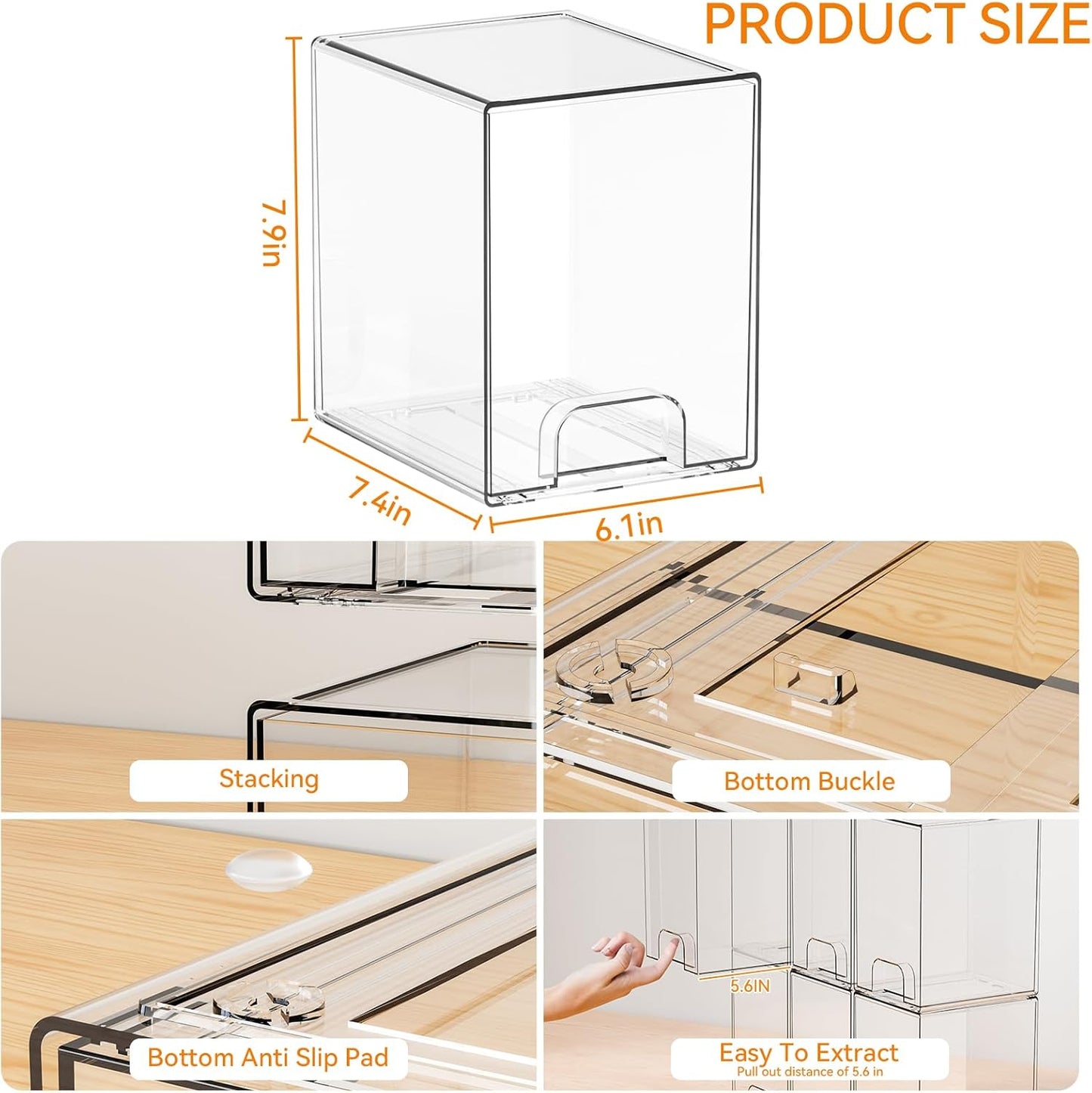 Yieach Clear Stackable Storage Drawers - Set of 6 - Acrylic Drawers,Bathroom Organizer Bin and Plastic Makeup Organizer,Clear Stacking Brightroom Storage Boxes for Vanity,Cabinet,Pantry Organization