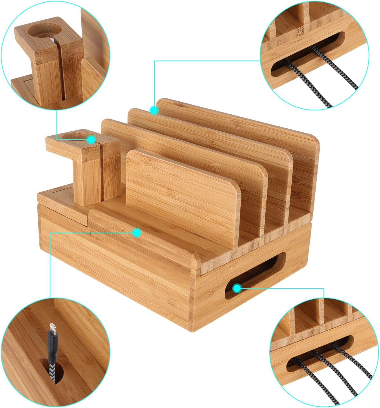 Bamboo Wood Multi-Device Desktop Dock Station Charger Holder Charging Cradle Charge Stand Compatible for iPhone 16 15 14 13 12 11 Pro Max XS XR X iPad 3 4 Mini Pro Air Samsung Huawei Smartphones