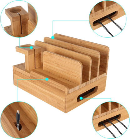 Bamboo Wood Multi-Device Desktop Dock Station Charger Holder Charging Cradle Charge Stand Compatible for iPhone 16 15 14 13 12 11 Pro Max XS XR X iPad 3 4 Mini Pro Air Samsung Huawei Smartphones