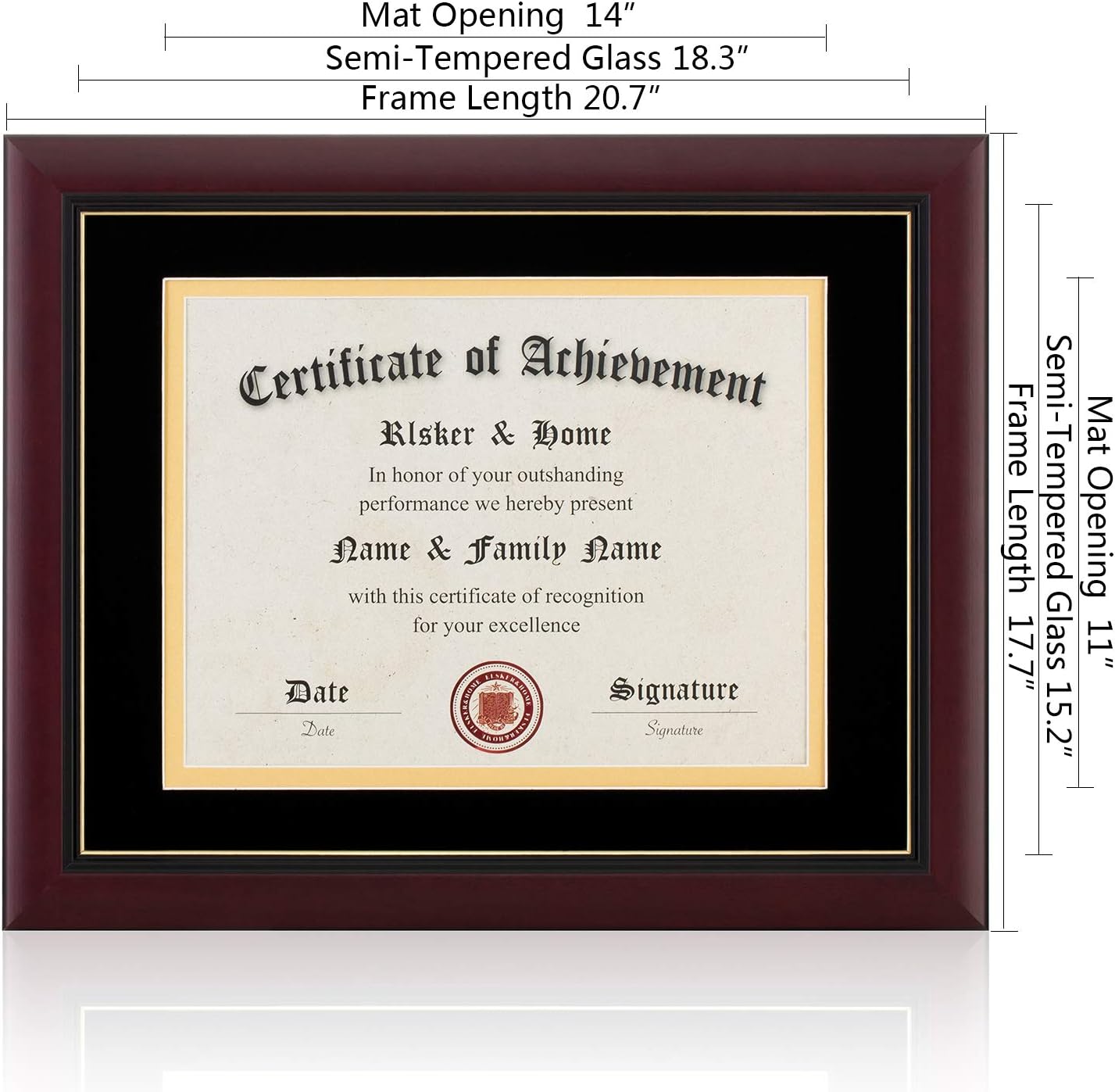 ELSKER&HOME Diploma Frame - Wide Solid Wood Frame - Black Velvet Golden Rim Mat - Semi-Tempered Glass - Includes Hanging Hardware and Desktop Easel(ONLY Display 11×14 Document/Certificate)