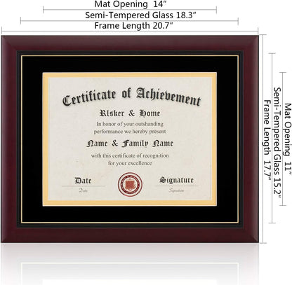 ELSKER&HOME Diploma Frame - Wide Solid Wood Frame - Black Velvet Golden Rim Mat - Semi-Tempered Glass - Includes Hanging Hardware and Desktop Easel(ONLY Display 11×14 Document/Certificate)